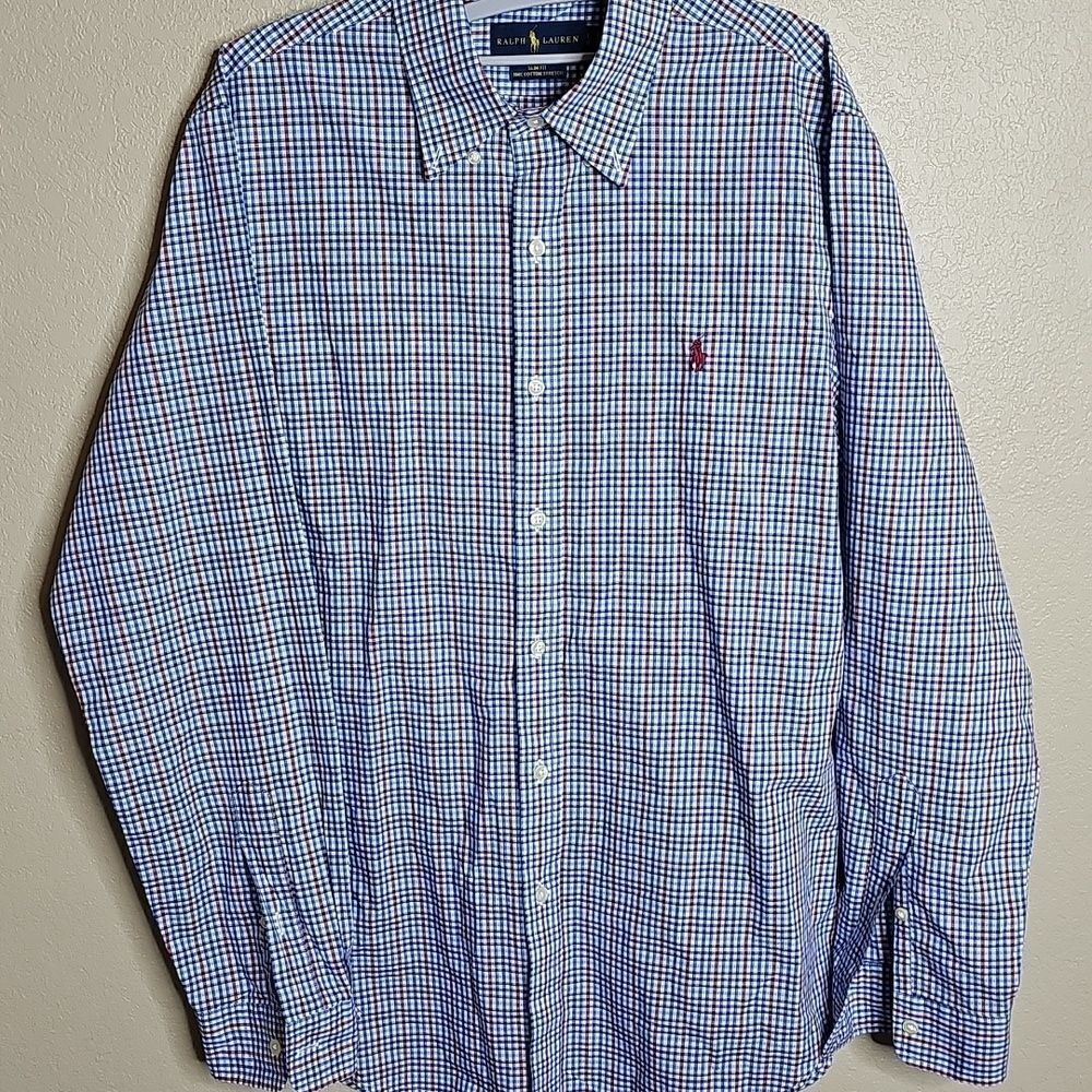 Ralph Lauren Polo Slim Fit Blue Red Plaid Casual Button Down Shirt Long Sleeve L